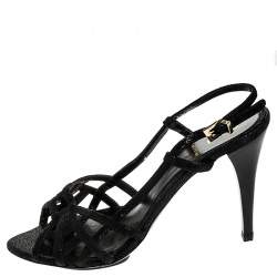 Pre Owned Fendi Black Strappy Textured Leather Ankle Strap Sandals Size 39