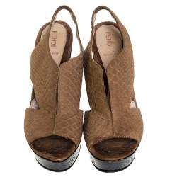 Fendi Light Brown Python Embossed Leather Slingback Platform Wedge Sandals Size 38