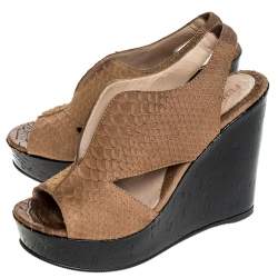 Fendi Light Brown Python Embossed Leather Slingback Platform Wedge Sandals Size 38