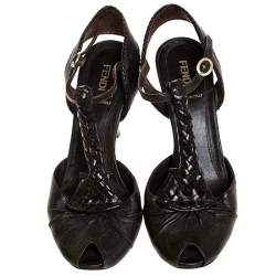 Pre Owned Fendi Brown Leather T Strap Peep Toe Ankle Strap Sandals Size 38