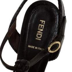 Pre Owned Fendi Brown Leather T Strap Peep Toe Ankle Strap Sandals Size 38