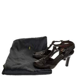 Pre Owned Fendi Brown Leather T Strap Peep Toe Ankle Strap Sandals Size 38