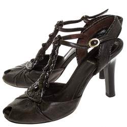 Pre Owned Fendi Brown Leather T Strap Peep Toe Ankle Strap Sandals Size 38