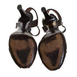 Pre Owned Fendi Brown Leather T Strap Peep Toe Ankle Strap Sandals Size 38