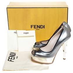 Pre Owned Fendi Metallic Silver Leather Fendista Peep Toe Platform Pumps Size 35