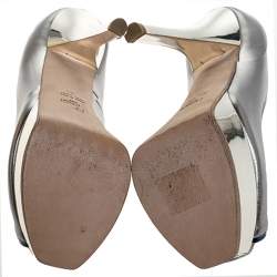 Pre Owned Fendi Metallic Silver Leather Fendista Peep Toe Platform Pumps Size 35