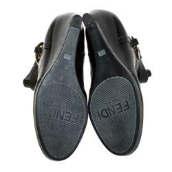 Pre Owned Fendi Black Leather Logo Wedge Heel Ankle Boots Size 39.5