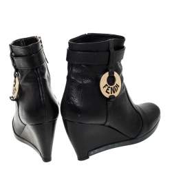 Pre Owned Fendi Black Leather Logo Wedge Heel Ankle Boots Size 39.5