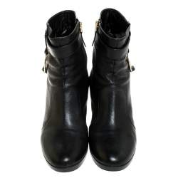 Pre Owned Fendi Black Leather Logo Wedge Heel Ankle Boots Size 39.5