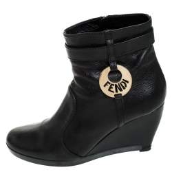 Pre Owned Fendi Black Leather Logo Wedge Heel Ankle Boots Size 39.5