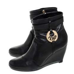 Pre Owned Fendi Black Leather Logo Wedge Heel Ankle Boots Size 39.5