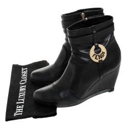 Pre Owned Fendi Black Leather Logo Wedge Heel Ankle Boots Size 39.5
