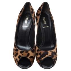 Pre Owned Fendi Brown Leopard Print Pony Hair Peep Toe Pumps Size 37
