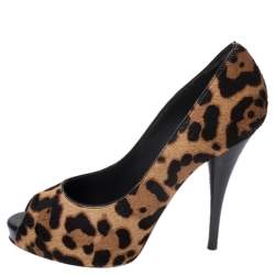 Pre Owned Fendi Brown Leopard Print Pony Hair Peep Toe Pumps Size 37