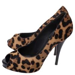 Pre Owned Fendi Brown Leopard Print Pony Hair Peep Toe Pumps Size 37