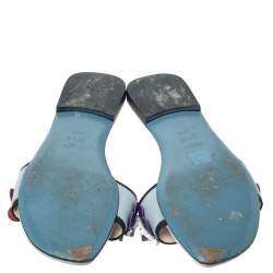 Pre Owned Fendi Blue Leather Flowerland Embellished Flats Sildes Size 38.5