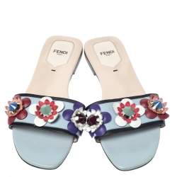 Pre Owned Fendi Blue Leather Flowerland Embellished Flats Sildes Size 38.5