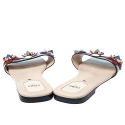 Pre Owned Fendi Blue Leather Flowerland Embellished Flats Sildes Size 38.5
