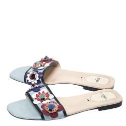 Pre Owned Fendi Blue Leather Flowerland Embellished Flats Sildes Size 38.5