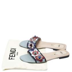 Pre Owned Fendi Blue Leather Flowerland Embellished Flats Sildes Size 38.5