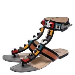 Pre Owned Fendi Multicolor Leather And Lizard Embossed Studded Ankle Cuff Flat Sandals Size 37.5