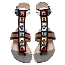 Pre Owned Fendi Multicolor Leather And Lizard Embossed Studded Ankle Cuff Flat Sandals Size 37.5