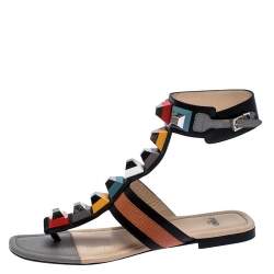 Pre Owned Fendi Multicolor Leather And Lizard Embossed Studded Ankle Cuff Flat Sandals Size 37.5