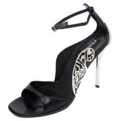 Fendi Black Leather Metal Applique Embellished Ankle Strap Sandals Size 37