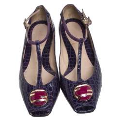 Pre Owned Fendi Purple Croc Embossed Leather Embellished T-Strap Flats Size 38