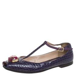 Pre Owned Fendi Purple Croc Embossed Leather Embellished T-Strap Flats Size 38