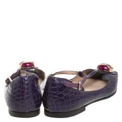 Pre Owned Fendi Purple Croc Embossed Leather Embellished T-Strap Flats Size 38