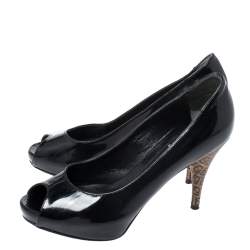 Pre Owned Fendi Black Patent Leather Zucchino Heel Peep Toe Pumps Size 35