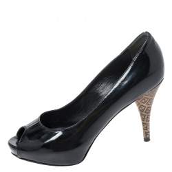 Pre Owned Fendi Black Patent Leather Zucchino Heel Peep Toe Pumps Size 35