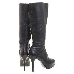 Fendi Black Textured Leather Mid Calf Platform Boots Size 38.5