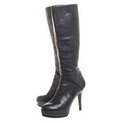 Fendi Black Textured Leather Mid Calf Platform Boots Size 38.5