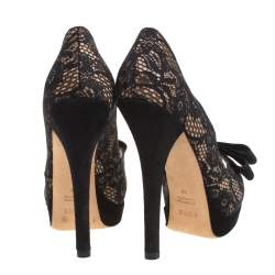 Pre Owned Fendi Black/Beige Lace, Mesh And Suede Bow Peep Toe Platform Pumps Size 38