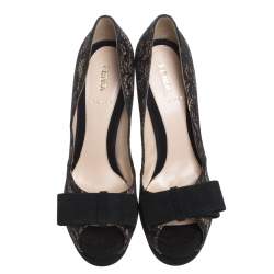 Pre Owned Fendi Black/Beige Lace, Mesh And Suede Bow Peep Toe Platform Pumps Size 38
