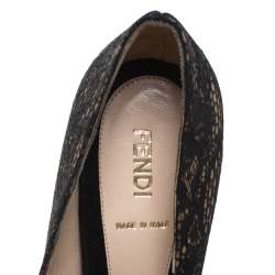 Pre Owned Fendi Black/Beige Lace, Mesh And Suede Bow Peep Toe Platform Pumps Size 38