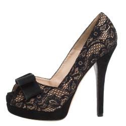 Pre Owned Fendi Black/Beige Lace, Mesh And Suede Bow Peep Toe Platform Pumps Size 38