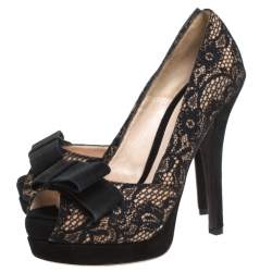 Pre Owned Fendi Black/Beige Lace, Mesh And Suede Bow Peep Toe Platform Pumps Size 38