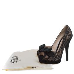 Pre Owned Fendi Black/Beige Lace, Mesh And Suede Bow Peep Toe Platform Pumps Size 38