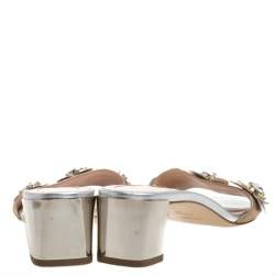 Pre Owned Fendi Bronze/Silver Leather Flowerland Embellished Block Heel Slides Size 38