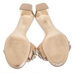 Pre Owned Fendi Bronze/Silver Leather Flowerland Embellished Block Heel Slides Size 38