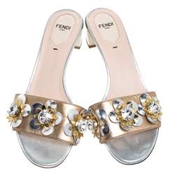 Pre Owned Fendi Bronze/Silver Leather Flowerland Embellished Block Heel Slides Size 38