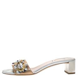 Pre Owned Fendi Bronze/Silver Leather Flowerland Embellished Block Heel Slides Size 38