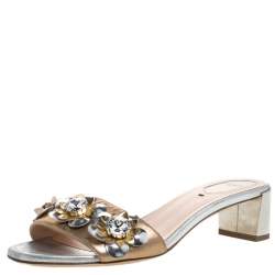 Pre Owned Fendi Bronze/Silver Leather Flowerland Embellished Block Heel Slides Size 38