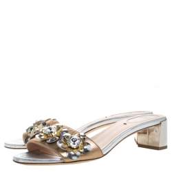 Pre Owned Fendi Bronze/Silver Leather Flowerland Embellished Block Heel Slides Size 38