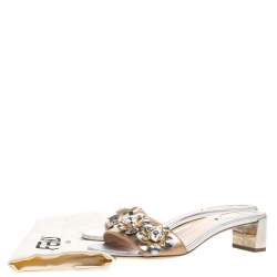 Pre Owned Fendi Bronze/Silver Leather Flowerland Embellished Block Heel Slides Size 38