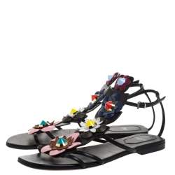 Fendi Multicolor Leather Flowerland Ankle Strap Gladiator Flat Sandals Size 38