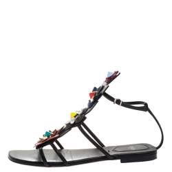 Fendi Multicolor Leather Flowerland Ankle Strap Gladiator Flat Sandals Size 38